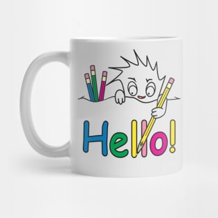 Cute character writes Hello Mug